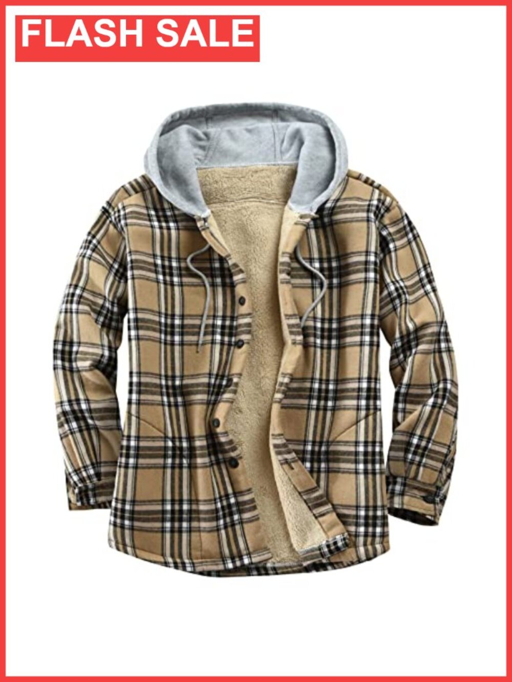 Mens Cotton Plaid Sherpa Lined Flannel Shirt Jacket Hooded